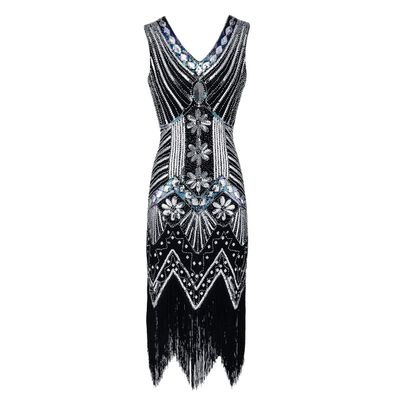 1920s Vintage Inspired Beaded Sequin Embellished Art Deco Fringe Long Gatsby Flapper Dress for Prom Formal Evening Cocktail Party Short Gown Black S