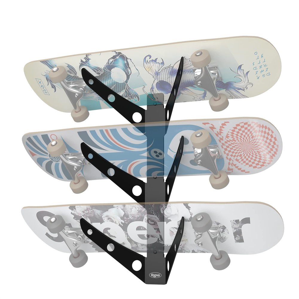 Koova 3 Skateboard Wall Mount Rack Holder | Creative Deck Display | Home or Garage Longboard Storage | Scooter Hanger | Easy Install - Hardware Incl. | Heavy Duty Powder Coated Steel Frame | USA Made