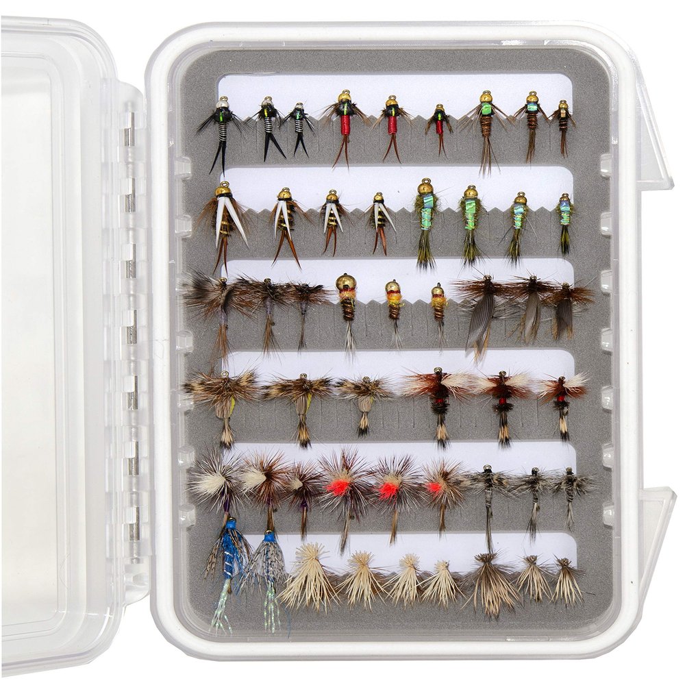 Outdoor Planet 50 Premium Fly Fishing Flies Assortment | Waterproof Fly Box | Dry, Wet, Nymphs & Caddis Flies | Trout Fishing Lure Set