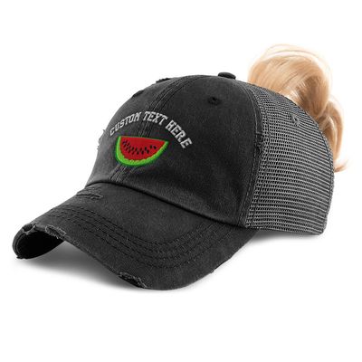 Custom Womens Ponytail Cap Watermelon Style D Embroidery Cotton Messy Bun Distressed Trucker Hats Strap Closure Black Personalized Text Here