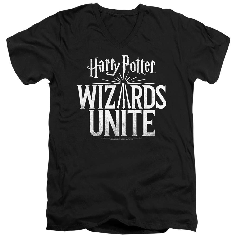 Harry Potter Wizards Unite Wizards Unite Logo Unisex Adult V-Neck T Shirt for Men and Women, Medium Black