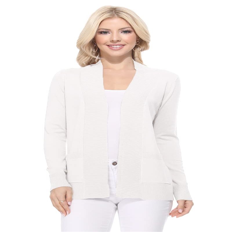 YEMAK Women's Knit Cardigan Sweater Long Sleeve Open Front Basic Classic Casual Soft Lightweight Knitted Shrug with Pockets MK8558-IVORY-XL