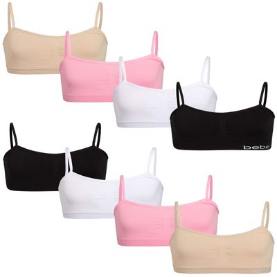 bebe Girls Training Bra - 8 Pack Seamless Unpadded Cami Training Bra - Stretchable Tween Wireless Bralette for Girls, Size Large, Black/White/Light Pink/Almond