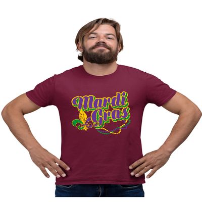 5X-Large Maroon Mens Retro Distressed Mardi Gras Fleur De Lis & Beads T-Shirt