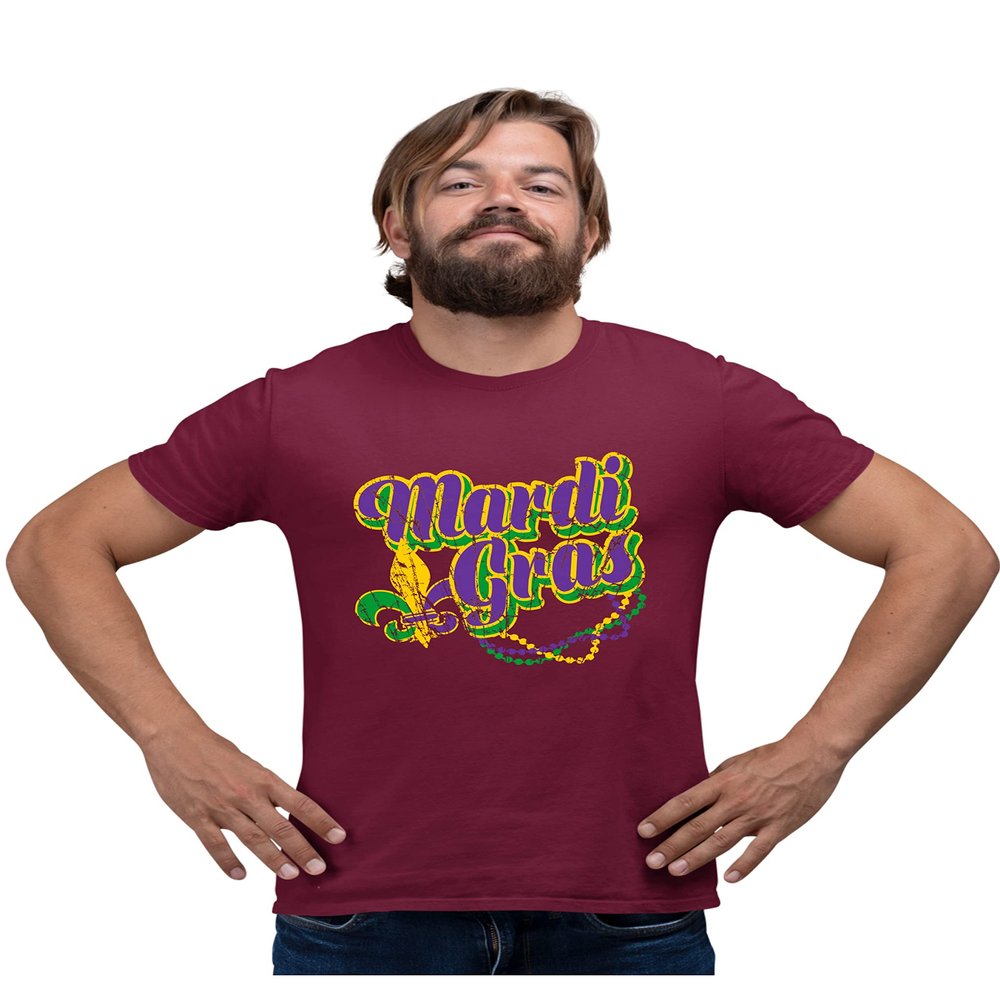 5X-Large Maroon Mens Retro Distressed Mardi Gras Fleur De Lis & Beads T-Shirt