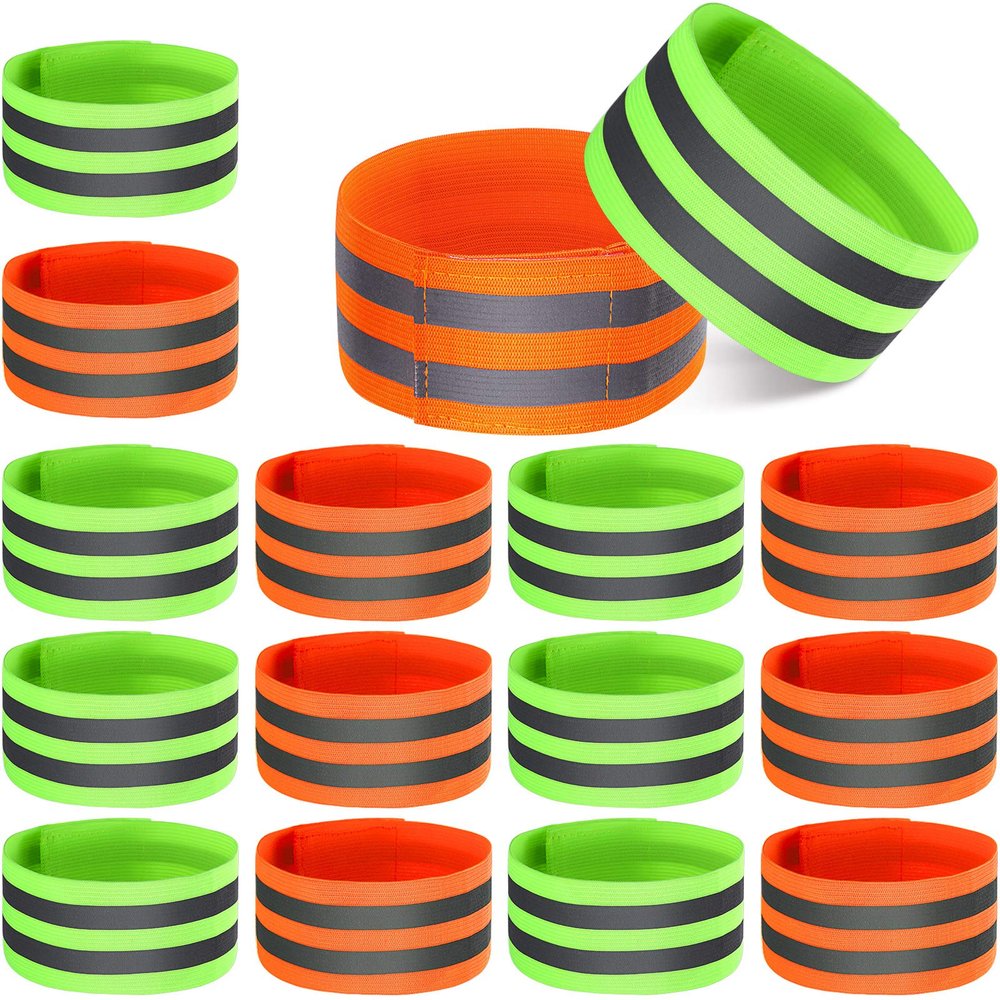 Gejoy 16 Pieces Reflective Bands Reflector Bands for Wrist, Arm, Ankle, Leg, High Visibility Reflective Gear Safety Reflector Tape Straps for Night Walking, Cycling and Running (Green, Orange)
