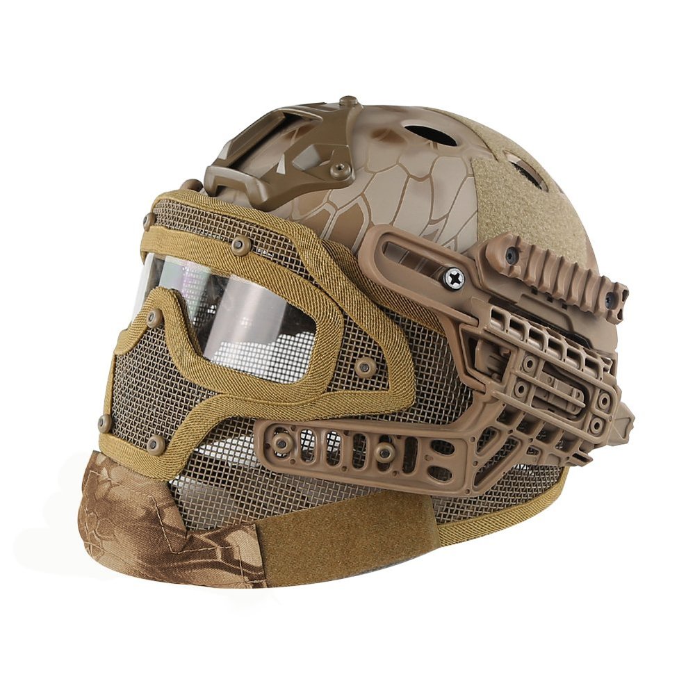 PJ Fast Tactical Helmet Airsoft Paintball Protective Helmet Full Face Mask Molle Mesh Breathable Goggles for Military CS Paintball Shooting, Hunting, Cycling, Motorcycle, Outdoor Sports