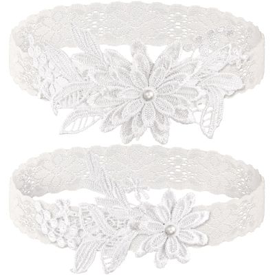 2 Pieces Wedding Garters for Bride Sexy Lace Leg Garter Belt Hand Sewn Faux Pearls Bride Garter Set(Milk White)