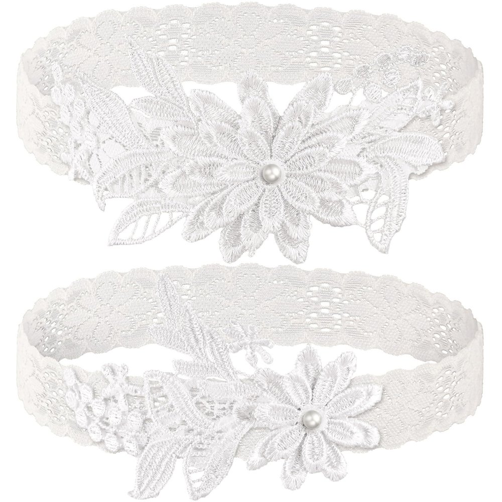 2 Pieces Wedding Garters for Bride Sexy Lace Leg Garter Belt Hand Sewn Faux Pearls Bride Garter Set(Milk White)