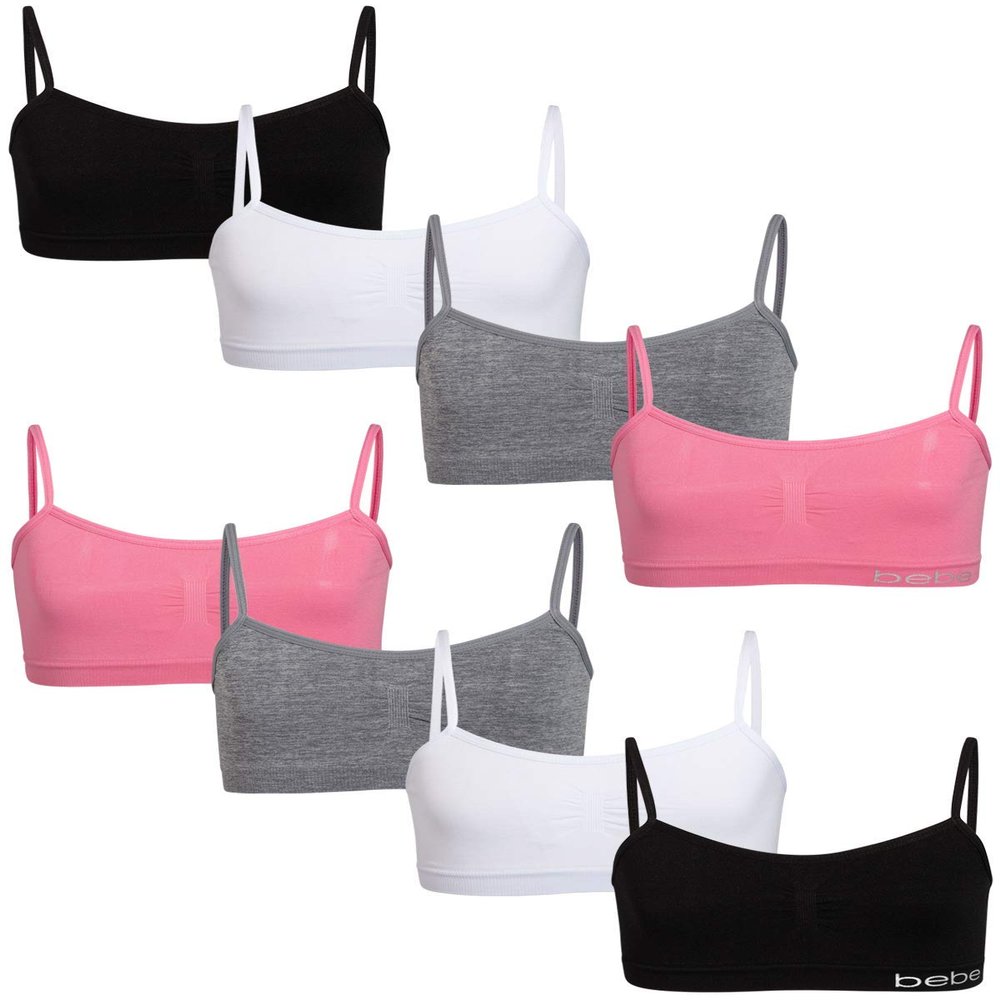 bebe Girls Training Bra - 8 Pack Seamless Unpadded Cami Training Bra - Stretchable Tween Wireless Bralette for Girls, Size Large, Soft Pink/Heather Grey/White/Black