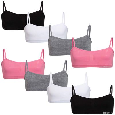 bebe Girls Training Bra - 8 Pack Seamless Unpadded Cami Training Bra - Stretchable Tween Wireless Bralette for Girls, Size Medium, Soft Pink/Heather Grey/White/Black