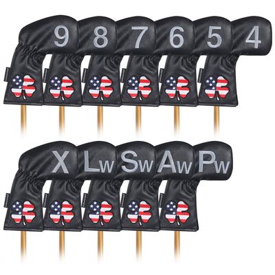 Craftsman Golf Left Handed Golfer 11pcs /Set USA US Flag Clover Leather Black White Green Iron Covers Headcover Set (Black for Left)