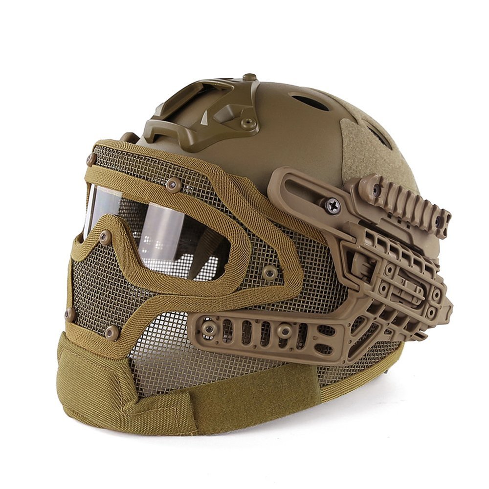 PJ Fast Tactical Helmet Airsoft Paintball Protective Helmet Full Face Mask Molle Mesh Breathable Goggles for Military CS Paintball Shooting, Hunting, Cycling, Motorcycle, Outdoor Sports