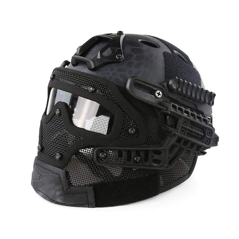 PJ Fast Tactical Helmet Airsoft Paintball Protective Helmet Full Face Mask Molle Mesh Breathable Goggles for Military CS Paintball Shooting, Hunting, Cycling, Motorcycle, Outdoor Sports