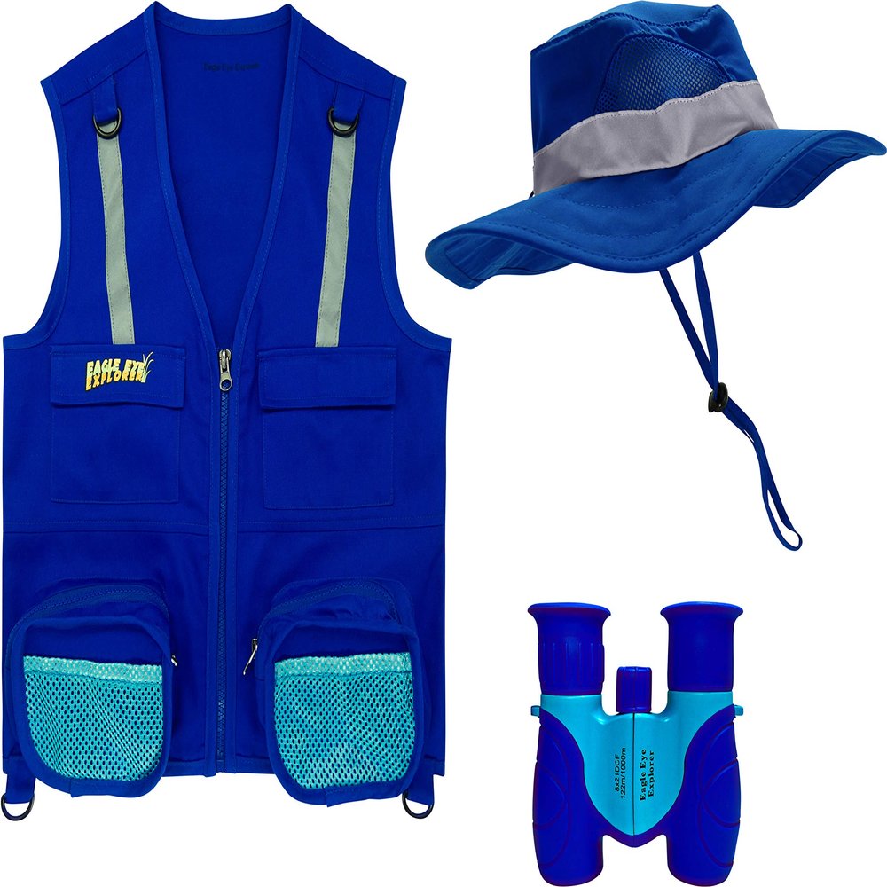 Eagle Eye Explorer Multi-Piece Set Cargo Vest with Reflective Safety Straps, 1 8x21 Magnification Binoculars and Safari Hat for Boys and Girls (Medium/Large, Dark Blue Vest, Hat Binoculars)