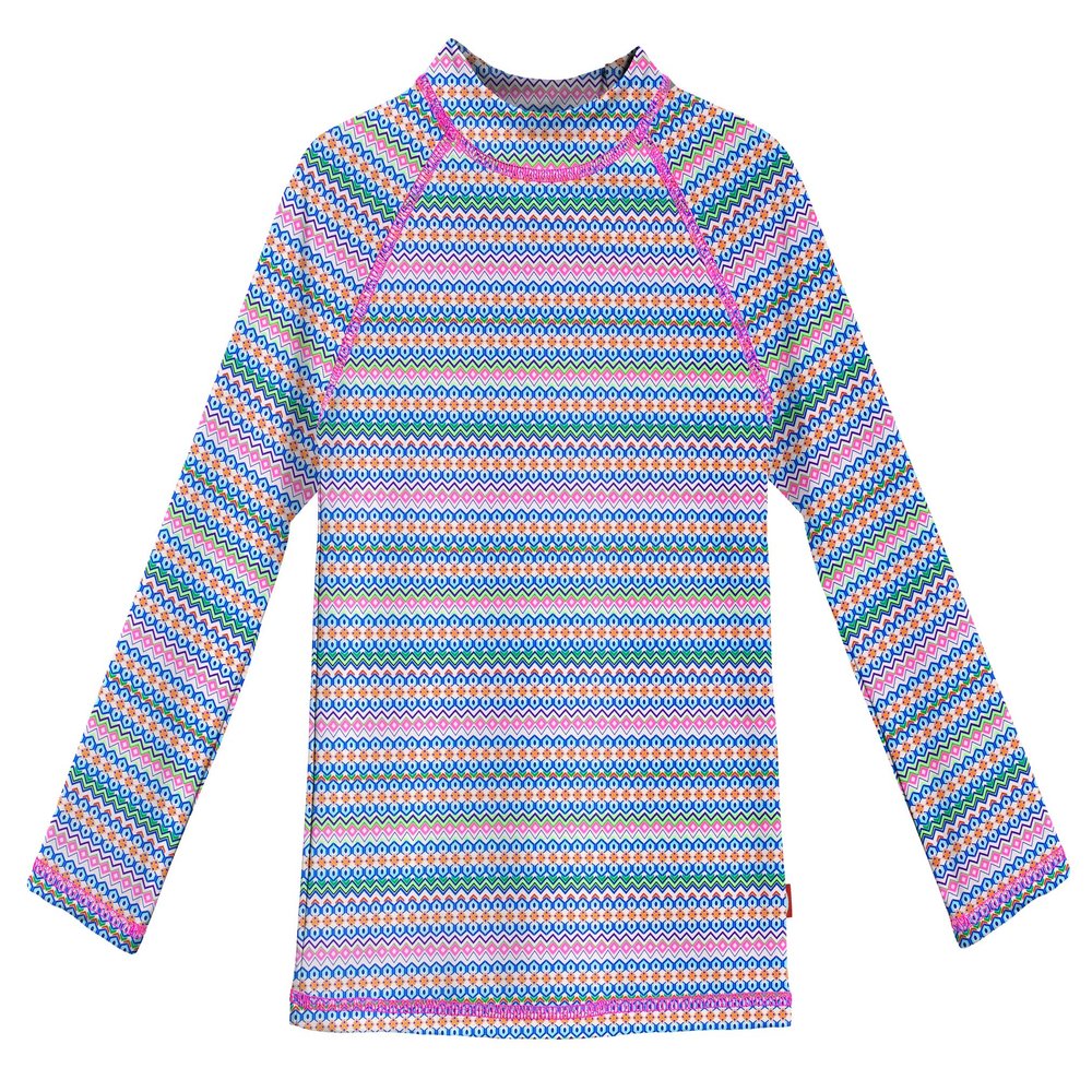 Made in USA Long Sleeve Girls' Rashguard Swimming Suit Swim Tshirt Tee UPF50+ Sun Protection for Beach Pool Summer Fun, Fiesta Print, 12/18m