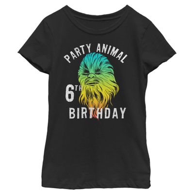 STAR WARS Girl's Chewie Party Animal 6th Birthday Color Portrait T-Shirt - Black - X Large