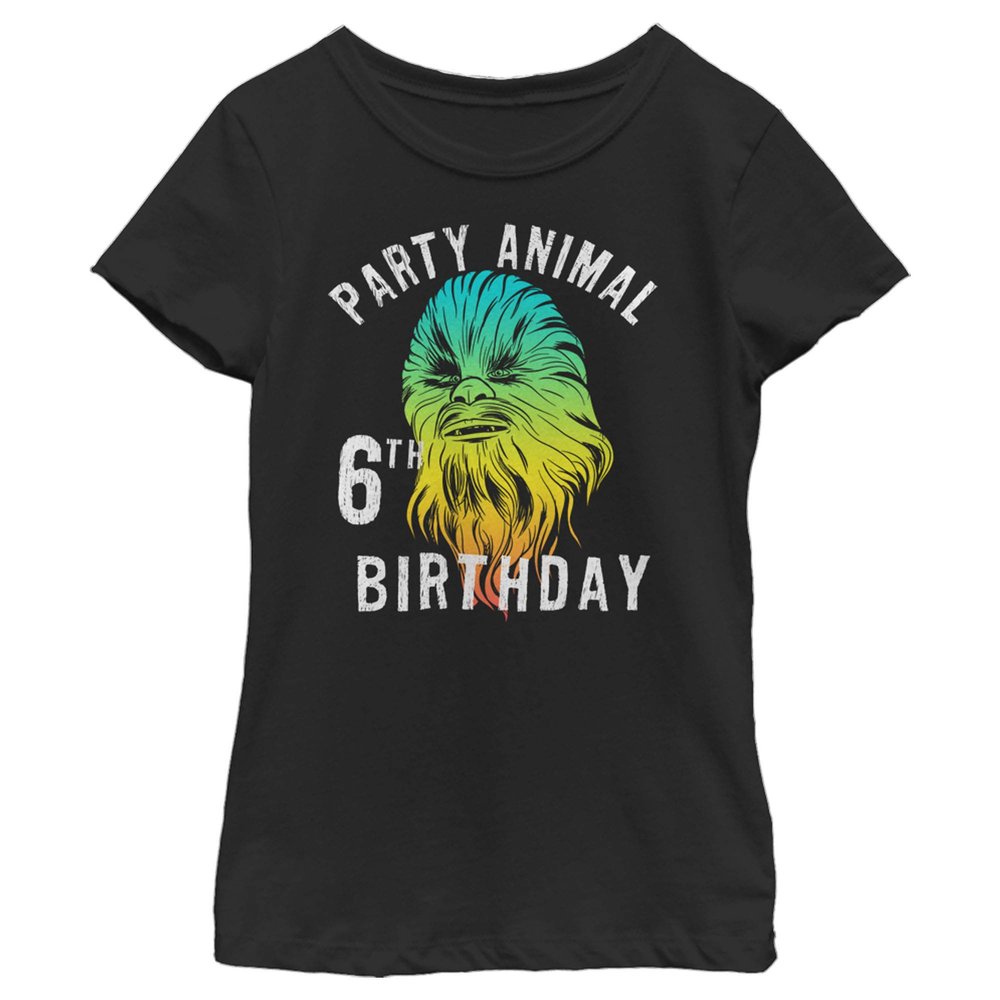STAR WARS Girl's Chewie Party Animal 6th Birthday Color Portrait T-Shirt - Black - X Large