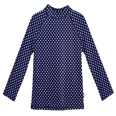 Made in USA Long Sleeve Girls' Rashguard Swimming Suit Swim Tshirt Tee UPF50+ Sun Protection for Beach Pool Summer Fun, Navy w. White Polkadot, 5