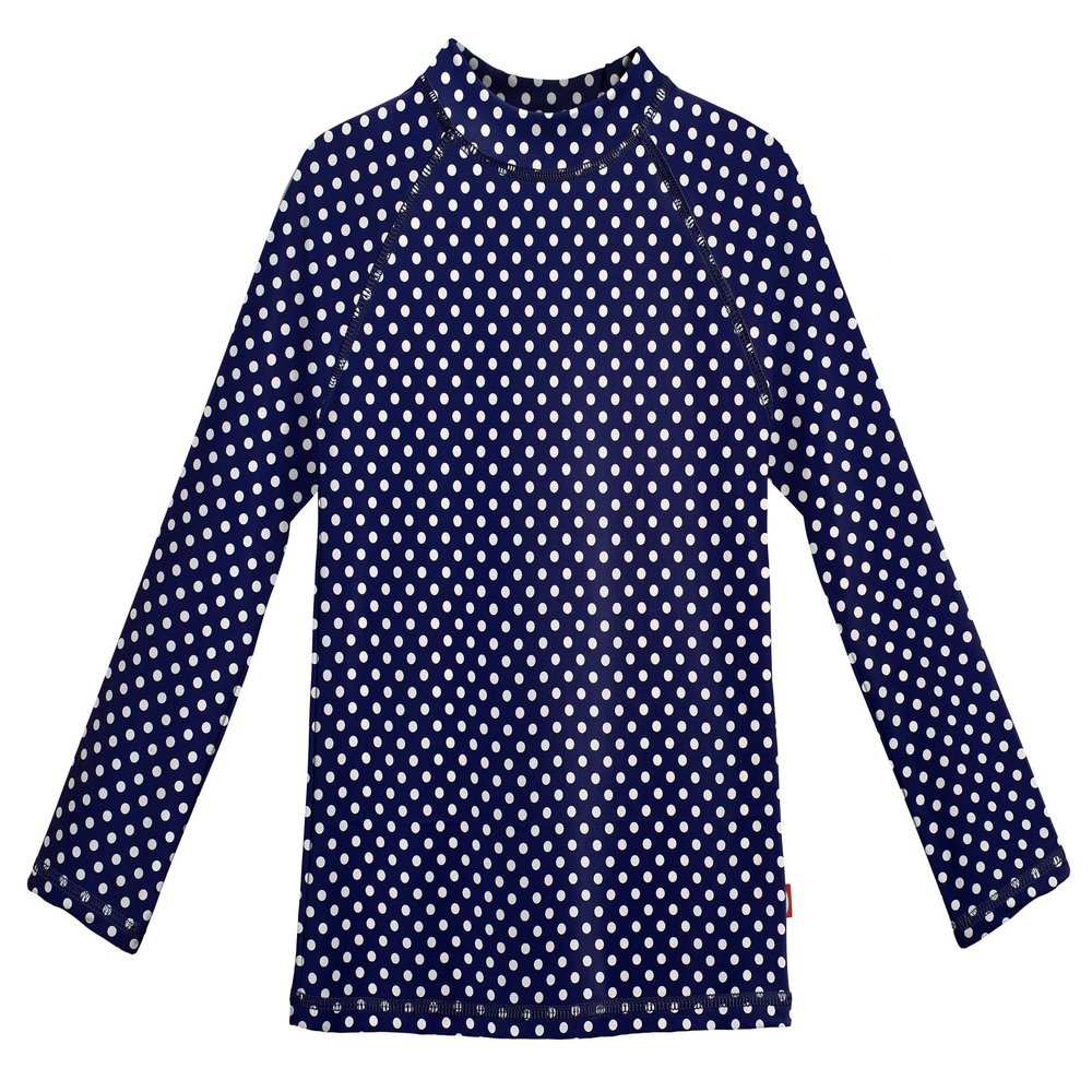Made in USA Long Sleeve Girls' Rashguard Swimming Suit Swim Tshirt Tee UPF50+ Sun Protection for Beach Pool Summer Fun, Navy w. White Polkadot, 5