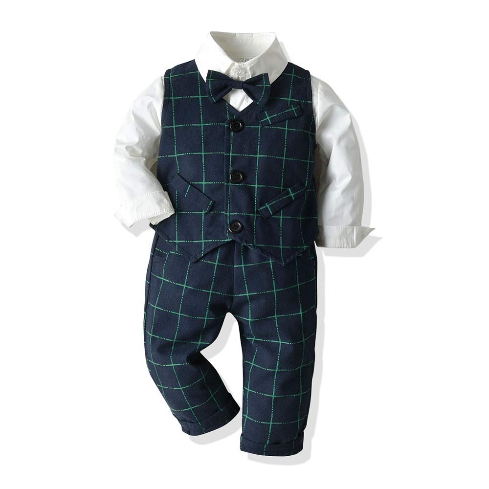 Moyikiss Studio Little Boys Tuxedos Suits Vest+Long Sleeve Shirt+Pants+Bow Tie Boy Gentleman 4Pcs Outfit (Green,100/3T)