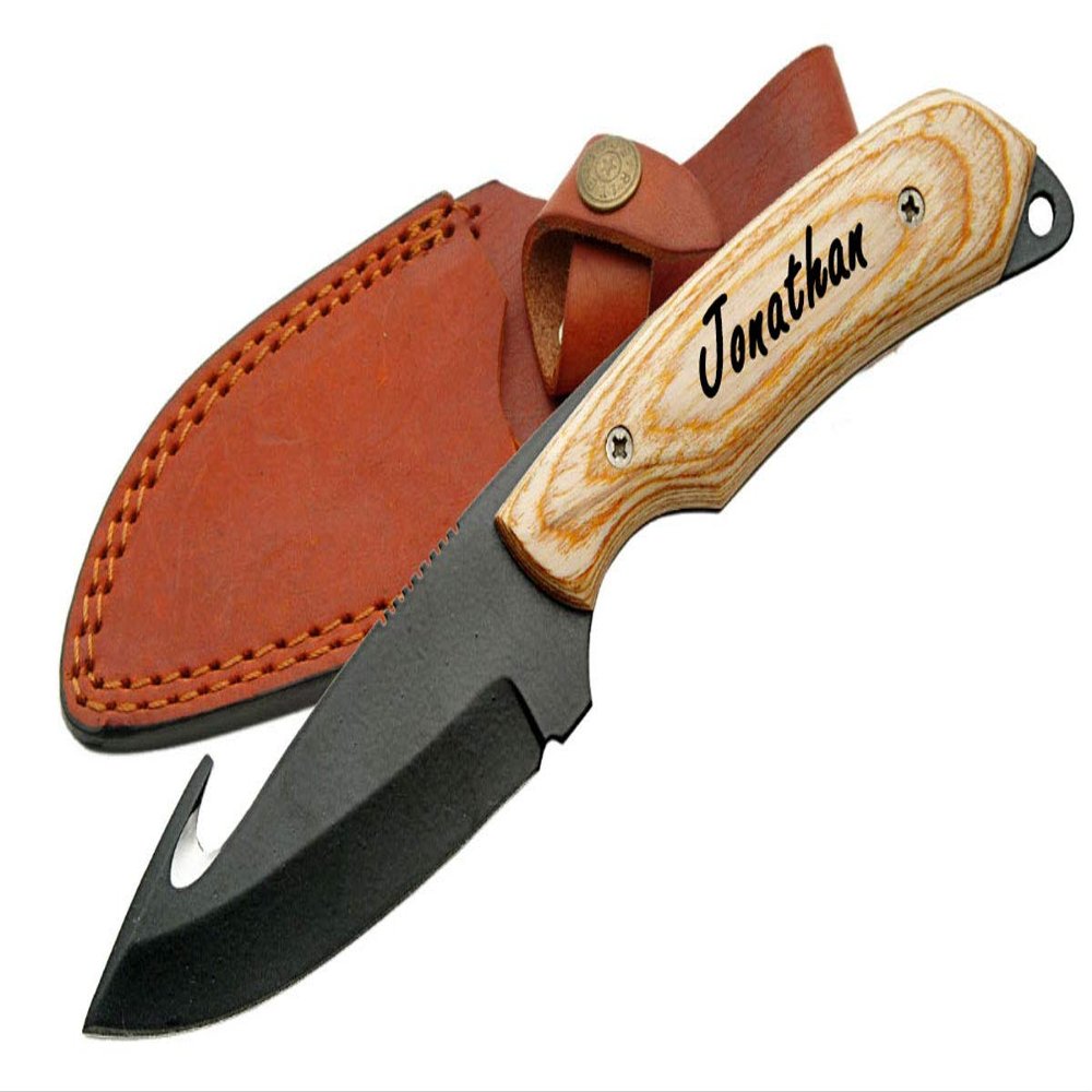 Customized Engraved 6" FULL TANG GUTHOOK KNIFE WITH PAKKA WOOD HANDLE - Groomsmen Wedding Party Monogrammed (DH-8007)