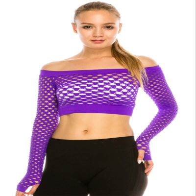 Kurve Womens Sexy Fishnet Top - Stretchy See Through Long Sleeve Layer Mesh Shirt Crop Top Party Clubwear Cover Up Neon Purple