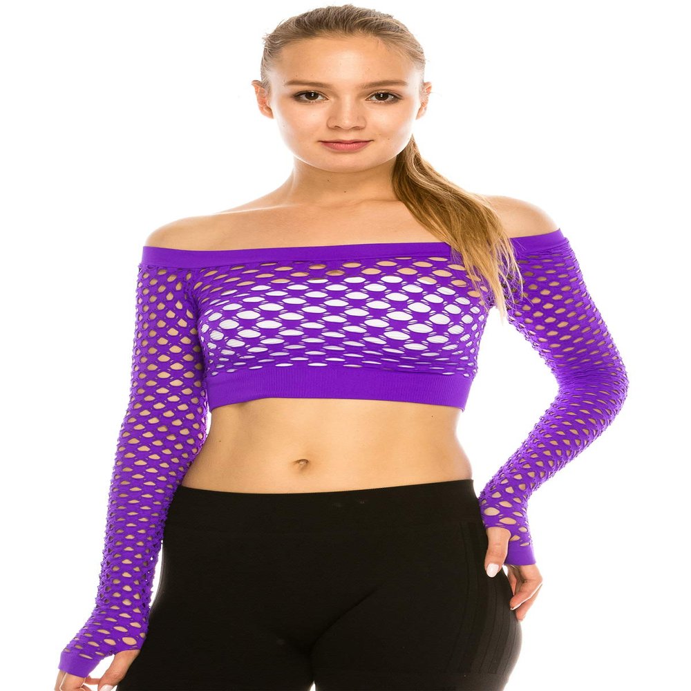 Kurve Womens Sexy Fishnet Top - Stretchy See Through Long Sleeve Layer Mesh Shirt Crop Top Party Clubwear Cover Up Neon Purple