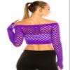 Kurve Womens Sexy Fishnet Top - Stretchy See Through Long Sleeve Layer Mesh Shirt Crop Top Party Clubwear Cover Up Neon Purple view 3