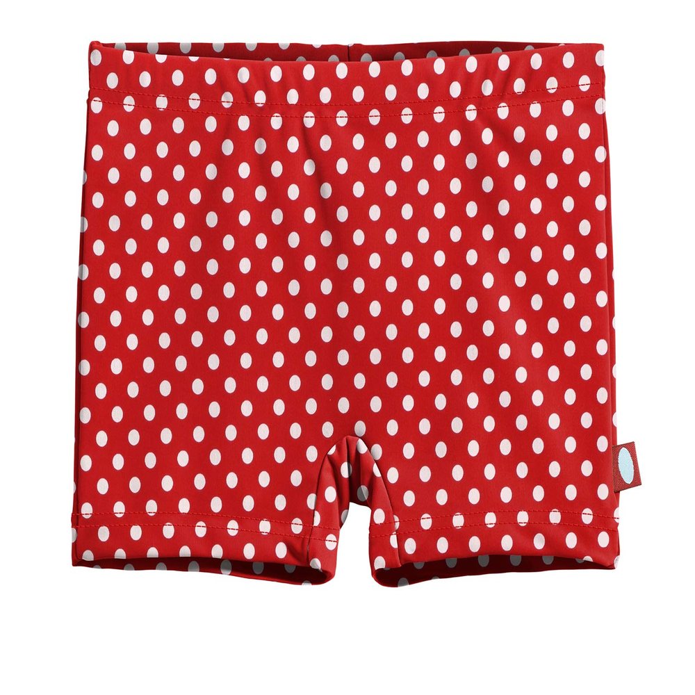 City Threads Girls Swim Shorts, UPF 50+ Swim Pants for Girls, Made in USA Swimsuit Shorts (Red/White Polka Dot, 14)