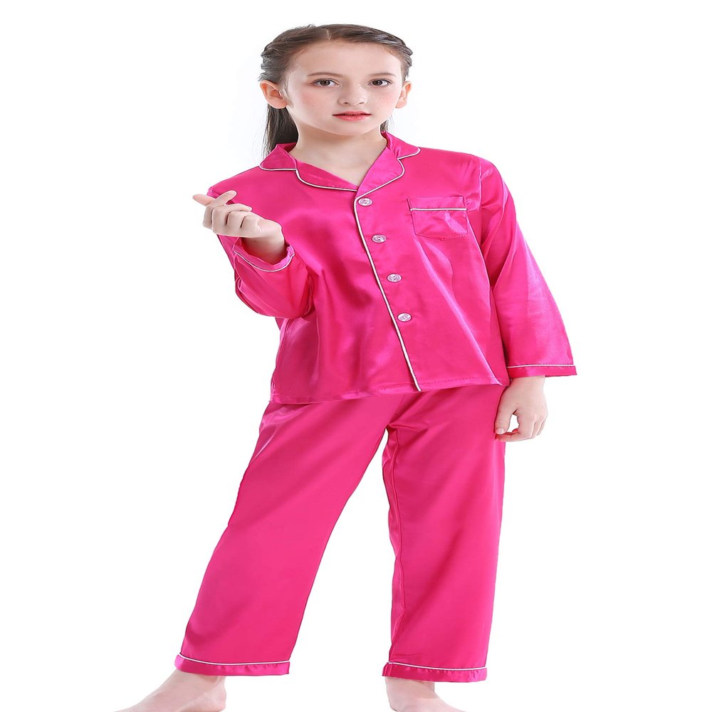 Mergorte Girls Boys Satin Long Sleeve Button-Down Pajamas Set Sleepwear Loungewear Rose 150#7-8Y