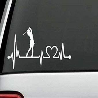 Woman Golfer Heartbeat Lifeline Heart Love White 7.5" Vinyl Decal Sticker Perfect for car Laptop Window Wall yeti Cup