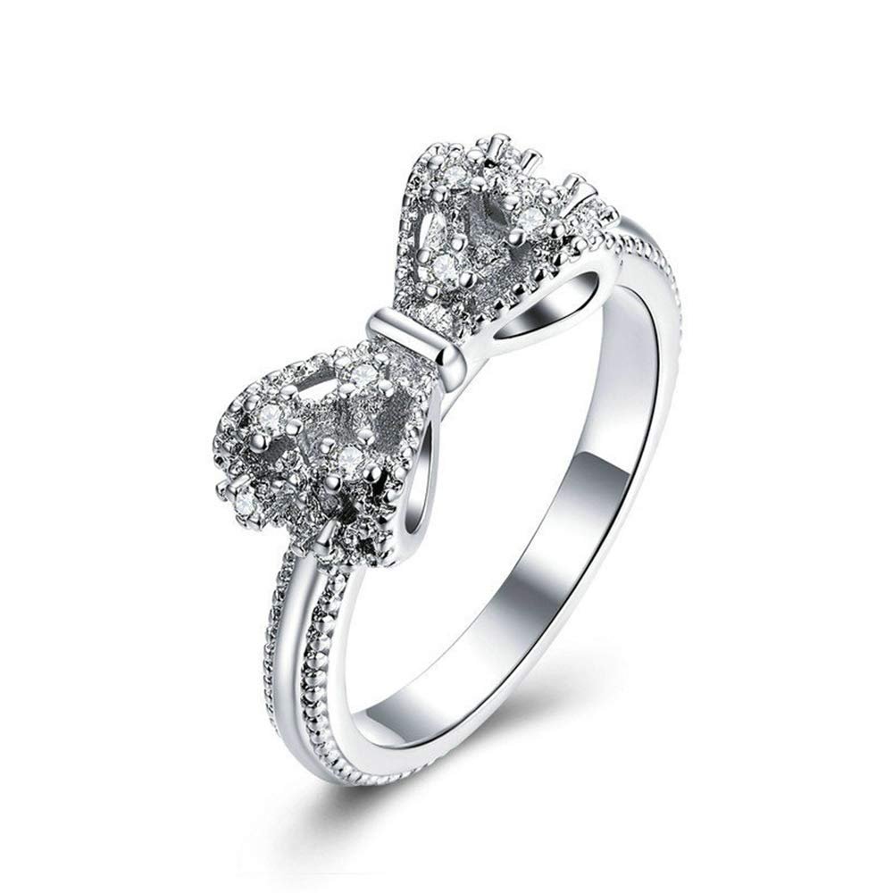 TZ Way Fashion Ring Pad White Butterfly Knot Ring 3A Zircon CZ Charm Queen Princess Ring 925 Sterling Silver Shiny Zircon Bow Engagement Wedding Ring for Women (6)