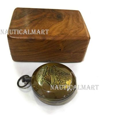 Brass Push Button Compass Engraved Rose London Direction Pocket Compass with Box Nautical Brass Ship Sailor Navigate Maritime Gift