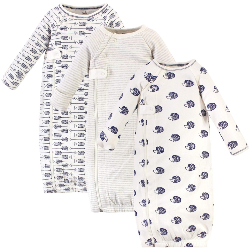 Touched by Nature Baby Organic Cotton Zipper Gowns, Hedgehog Side Zipper, 0-6 Months