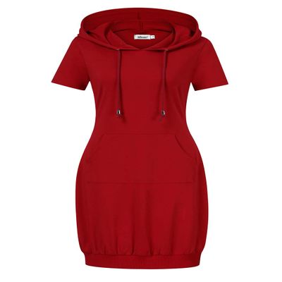 MISSKY Women Pullover Hoodie Dress Short Sleeve Kangaroo Pocket Tunic Dress,Wine M