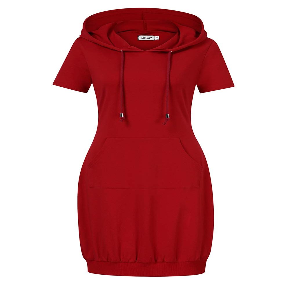 MISSKY Women Pullover Hoodie Dress Short Sleeve Kangaroo Pocket Tunic Dress,Wine M