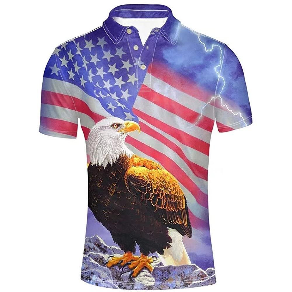 AFPANQZ American Flag Eagle Print Men's T-Shirts Button Down Summer hirts Tennis Golf Shirts Loose Fit Shirt Travel Breathable L Purple Red