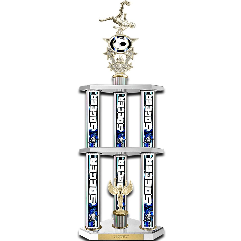 TrophyDeals 50" Action Matrix Soccer Silver Flute 2 Tier 3 Column Trophy, Custom Soccer Trophies with Personalized Engraving - WWH366DS-SCAMB