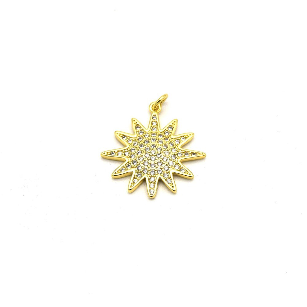 25mm x 25mm Gold Plated CZ Cubic Zirconia Pave Sunburst Shaped Bailed Pendant