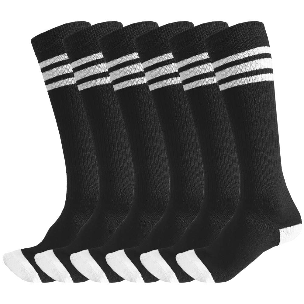3 Pairs of juDanzy Knee High Boys or Girls Stripe Tube Socks for Soccer, Basketball, Uniform and Everyday Wear (2-4 Years, Black With White Stripes (3 Pairs))