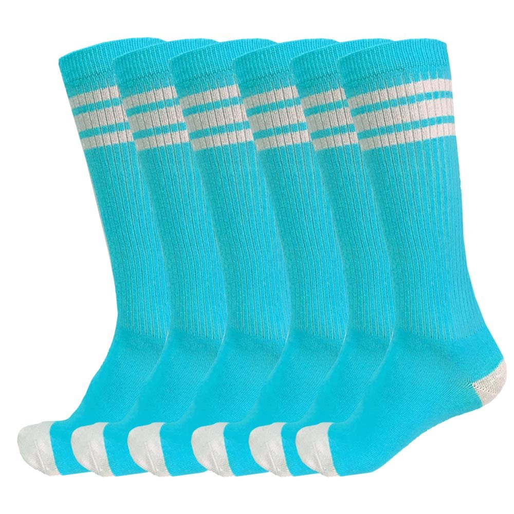 3 Pairs of juDanzy Knee High Boys or Girls Stripe Tube Socks for Soccer, Basketball, Uniform and Everyday Wear (4-6 Years, Turquoise With White Stripes (3 Pairs))