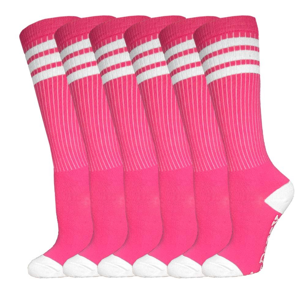 3 Pairs of juDanzy Knee High Boys or Girls Stripe Tube Socks for Soccer, Basketball, Uniform and Everyday Wear (2-4 Years, Hot Pink With White Stripes (3 Pairs))