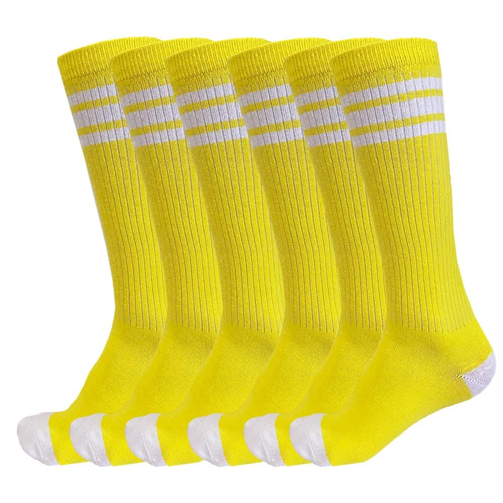 3 Pairs of juDanzy Knee High Boys or Girls Stripe Tube Socks for Soccer, Basketball, Uniform and Everyday Wear (4-6 Years, Yellow With White Stripes (3 Pairs))