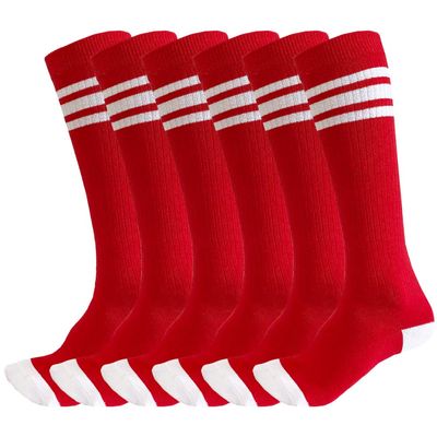 3 Pairs of juDanzy Knee High Boys or Girls Stripe Tube Socks for Soccer, Basketball, Uniform and Everyday Wear (4-6 Years, Red With White Stripes (3 Pairs))