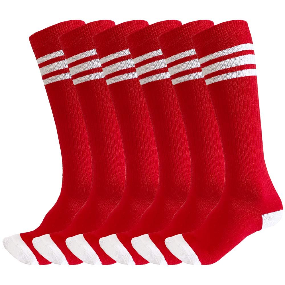 3 Pairs of juDanzy Knee High Boys or Girls Stripe Tube Socks for Soccer, Basketball, Uniform and Everyday Wear (4-6 Years, Red With White Stripes (3 Pairs))