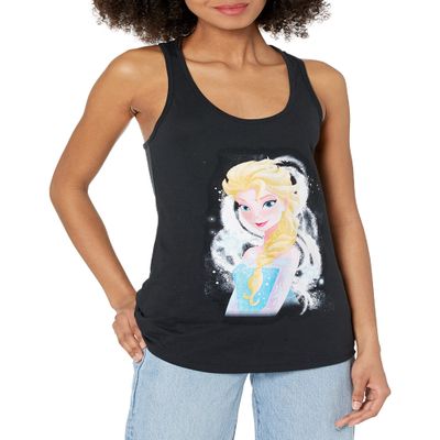 Fifth Sun Junior's Frozen Elsa Swirl Slim Fit, Scoop Hem Racerback Tank, Black, X-Small