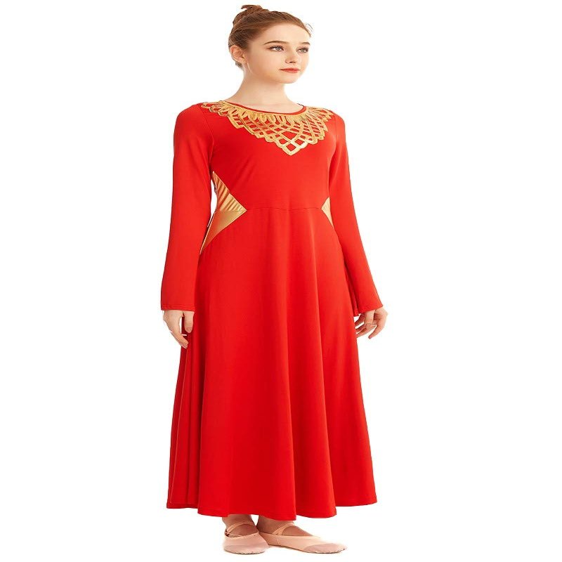 HIHCBF Women Metallic Liturgical Praise Dance Robe Lyrical Dress Bell Sleeve Flower Collar Color Block Worship Costume Red XXL