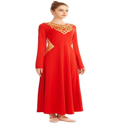 HIHCBF Women Metallic Liturgical Praise Dance Robe Lyrical Dress Bell Sleeve Flower Collar Color Block Worship Costume Red S