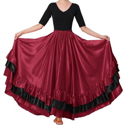Backgarden Women Black Red Layers Satin Long Skirt for Spanish Flamenco Belly Dance Mexico Ballet Folklorico Performance